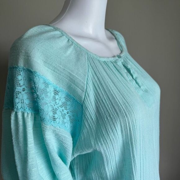 Vintage Sea Glass Blue Peasant Top Blouse Crotchet Lace Size M - Picture 4 of 7